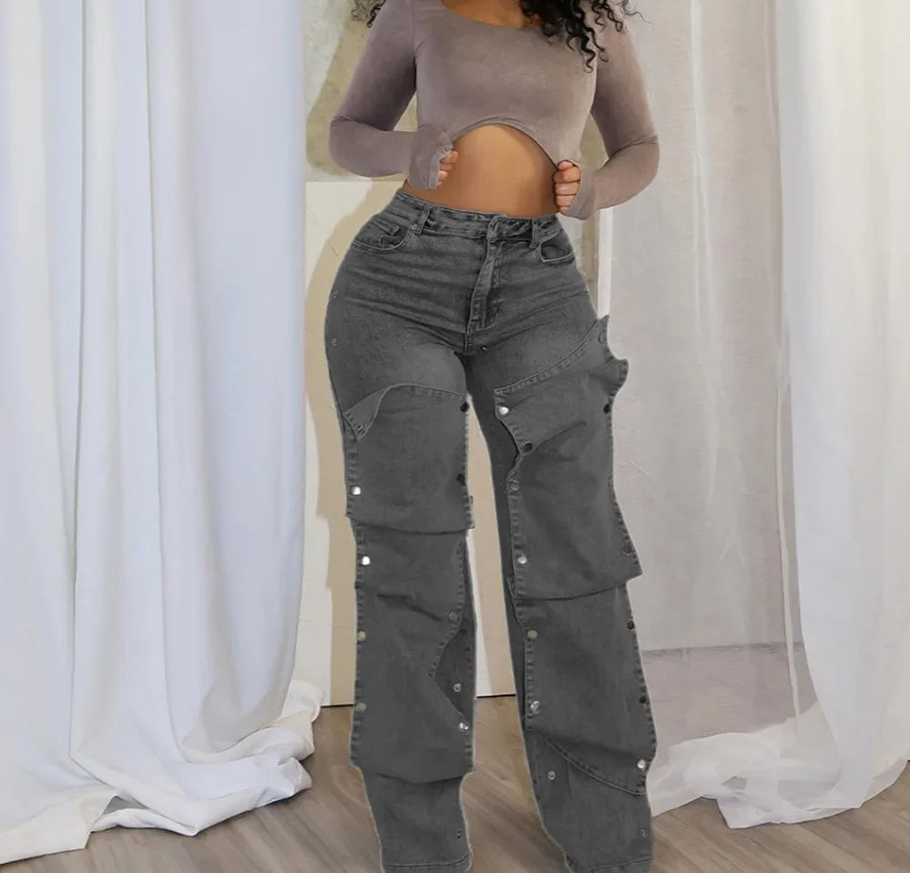 Jeans Denim Pants Women Straight Button Pockets High Waist Mom Floor Length Washed Distressed Strech Trousers 2025 Streetwear Aviola