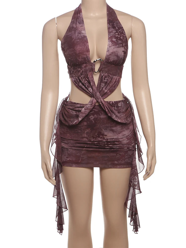 Nibber Summer Dress Women Backless Tassel Sexy Cross Metal Rings Halter Lace-Up Pleated Waistless Midnight Party Mini Bodycon Aviola