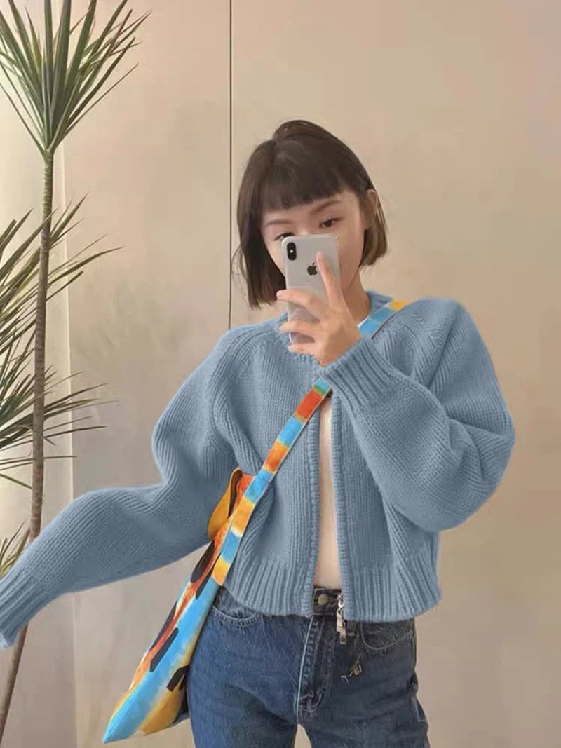 MEXZT Solid Knitted Cardigan Women Sweet Zipper Cropped Sweaters Korean Vintage Casual Knitwear Coat Loose Short Jumpers Jackets Aviola