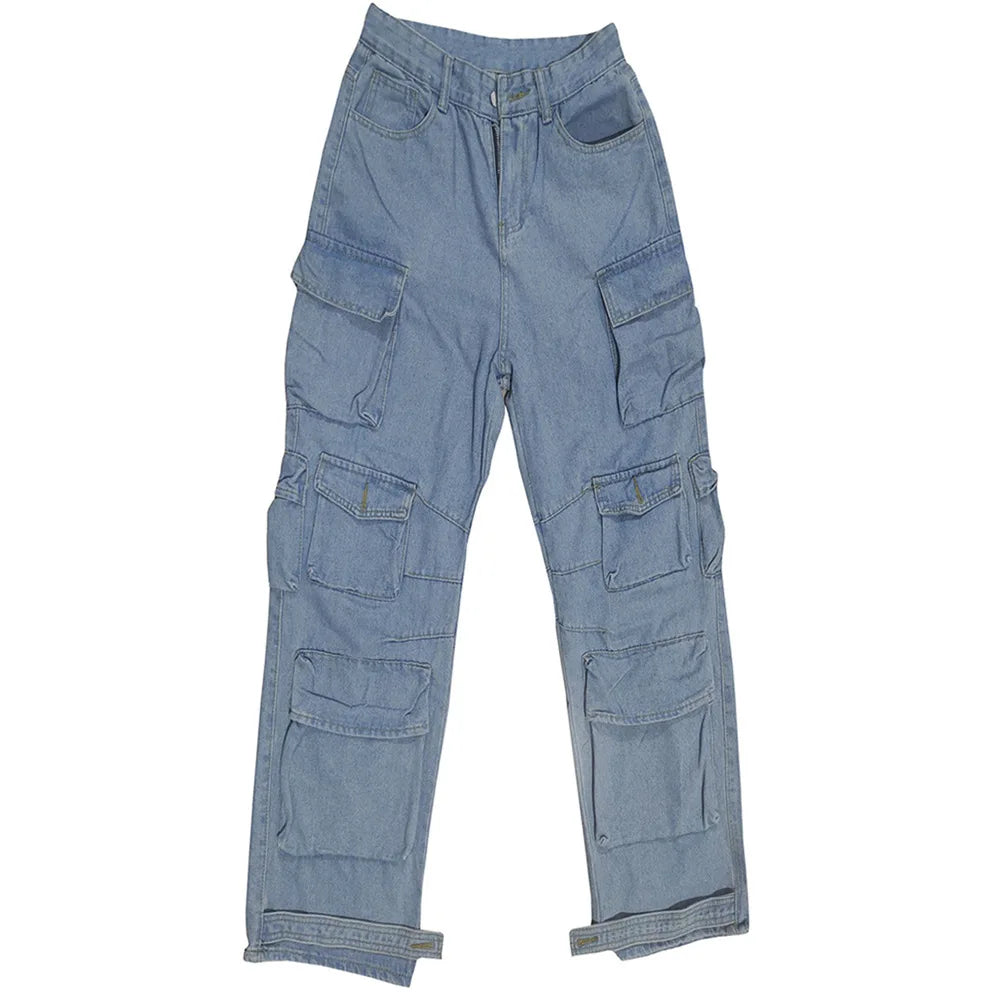 Women Jeans Washing Denim Patchwork Cargo Pants Pockets Mid Waist Zipper Mom Jeans Winter 2025 Slight Strech High Street Loose Aviola