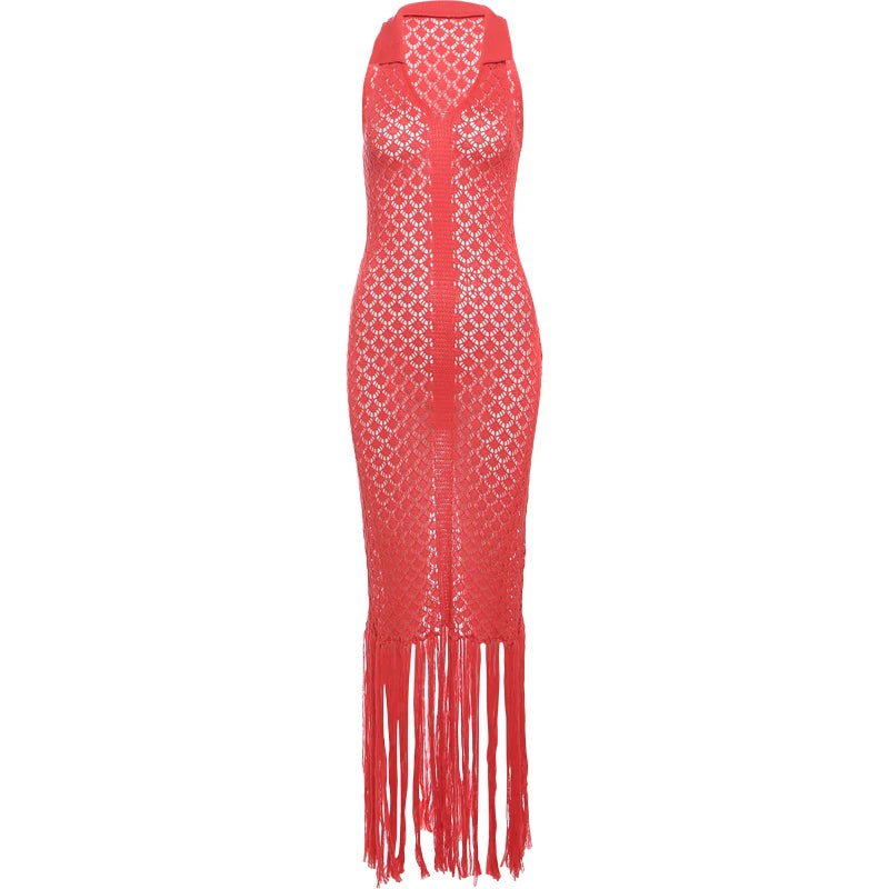Nibber Tassel Mesh Patchwork Dress Women Solid See Through Sexy Sheath Y2K Casual Summer Trend Midnight Clubwear Party Vestidos Aviola