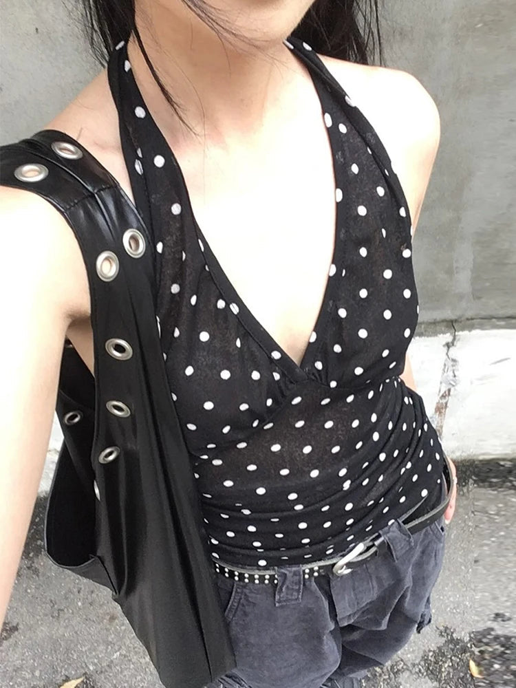 Nibber See Through Vests Women v-Neck Halter Bandage Backless Polka Dot Print Street Sexy Daily Skinny Fashion Hot Chick Tops Aviola