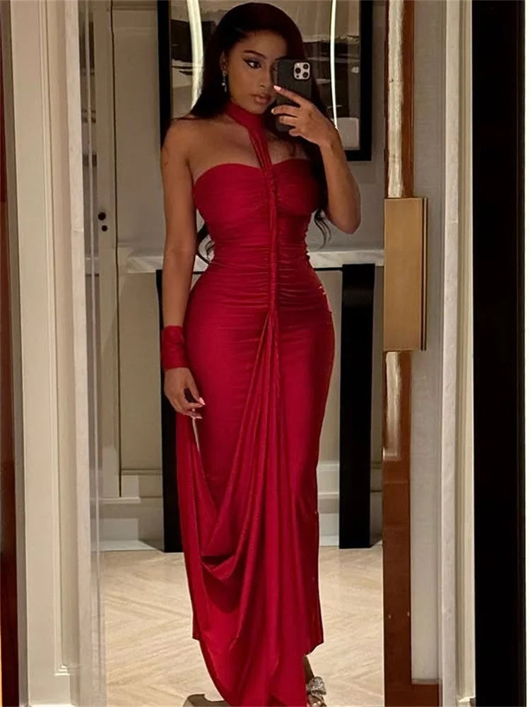 Nibber Elegant Halter Maxi Dress Women Backless Skinny Solid Hand Strap Hem Summer Trend Sexy Vacation Birthday Party Vestidos Aviola