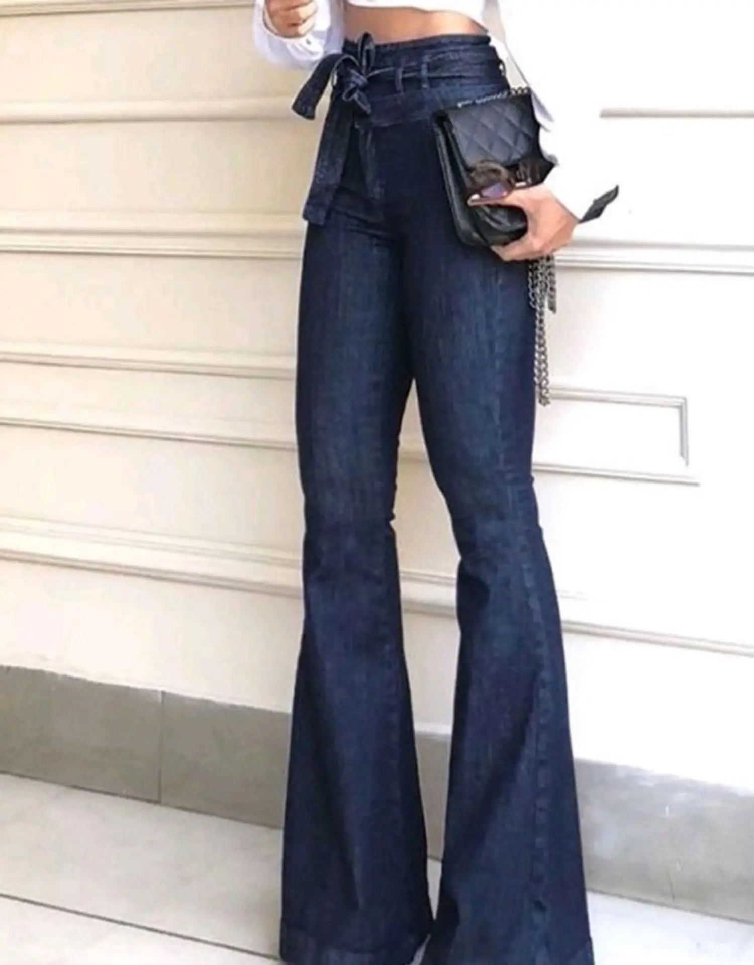 Women Jeans Solid Color High Waist Flare Pants Zipper Fly Flat Pockets Streetwear Slim Patchwork Button Slight Strech Belt Aviola