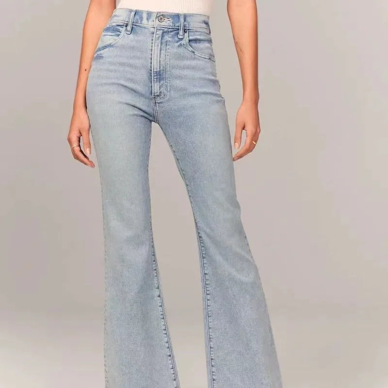 Women Jeans Flare Pants Denim Washing Loose Fit Bootcut Pockets High Street Slight Strech Solid Full Length Spring 2024 Aviola