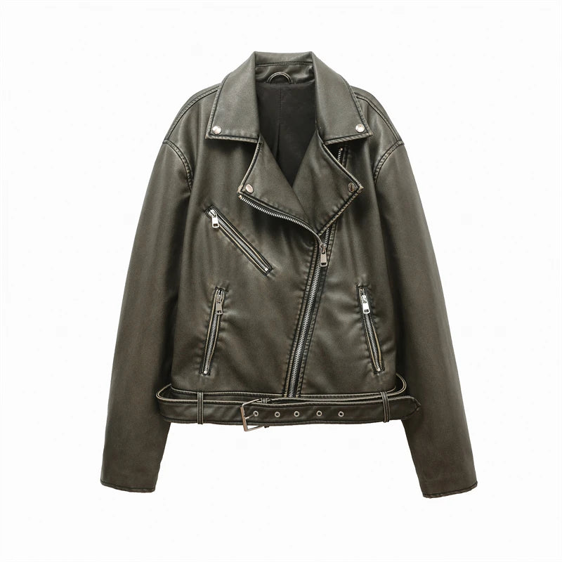 RARF ladies 2024 new vintage do old washed leather imitation leather locomotive type PU jacket women's coat top Aviola