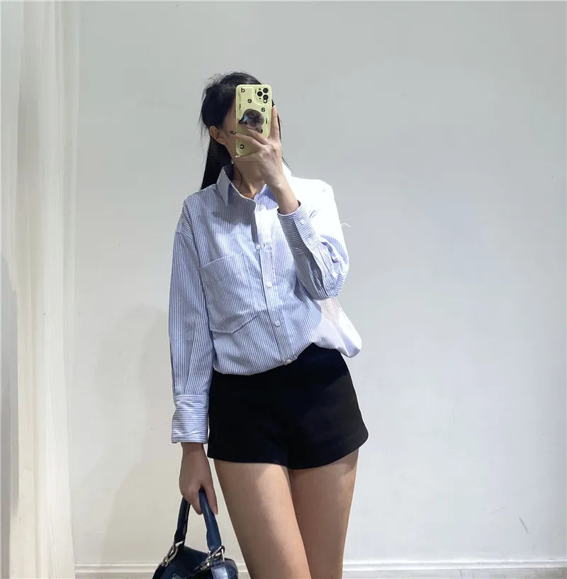 RARF Women Autumn Single Breasted Blouses Vintage Lapel Collar Long Sleeve Office Lady Female Shirt Chic Pocket Top Blusas Aviola