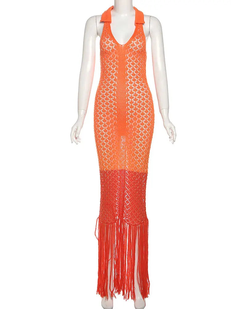Nibber Tassel Mesh Patchwork Dress Women Solid See Through Sexy Sheath Y2K Casual Summer Trend Midnight Clubwear Party Vestidos Aviola