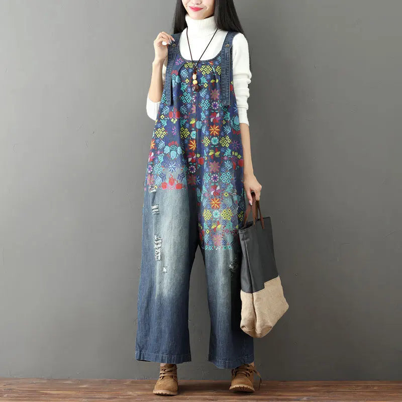 Jean Women Overalls Washed Denim Bleached Wide Leg Pants Hole Ripped Ankle Length Jeans Distressed Pockets Print Casual Aviola