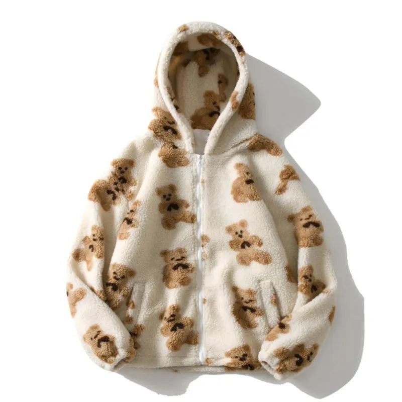 Y2K imitation lamb plush women's cotton jacket, little bear couple loose and lazy style, winter thick hooded jacket Aviola