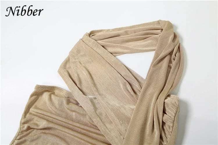 Nibber Ruched Backless Dress Women Diagonal Collar Single Shoulder Strap Tassel Elegant Temperament Stretch Trend Long Bodycon Aviola