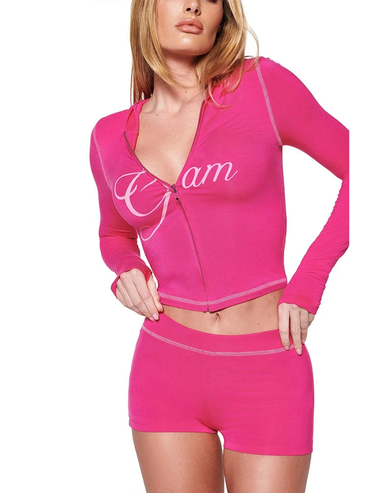 Nibber Summer swee Sporty Women Tracksuit 2 Piece Set Lettert Zip Hooded Jacket+Biker Shorts Matching Stretch Activity Suits Aviola