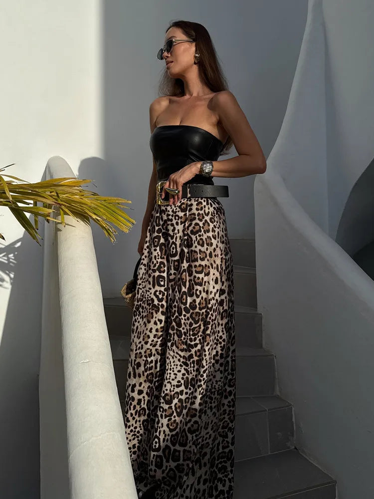 UNIZERA Leopard Satin with Belt High Waisted Trousers Wide Leg Pants Women's Clothing 2025 Summer New Arrivals Casual Pants Aviola