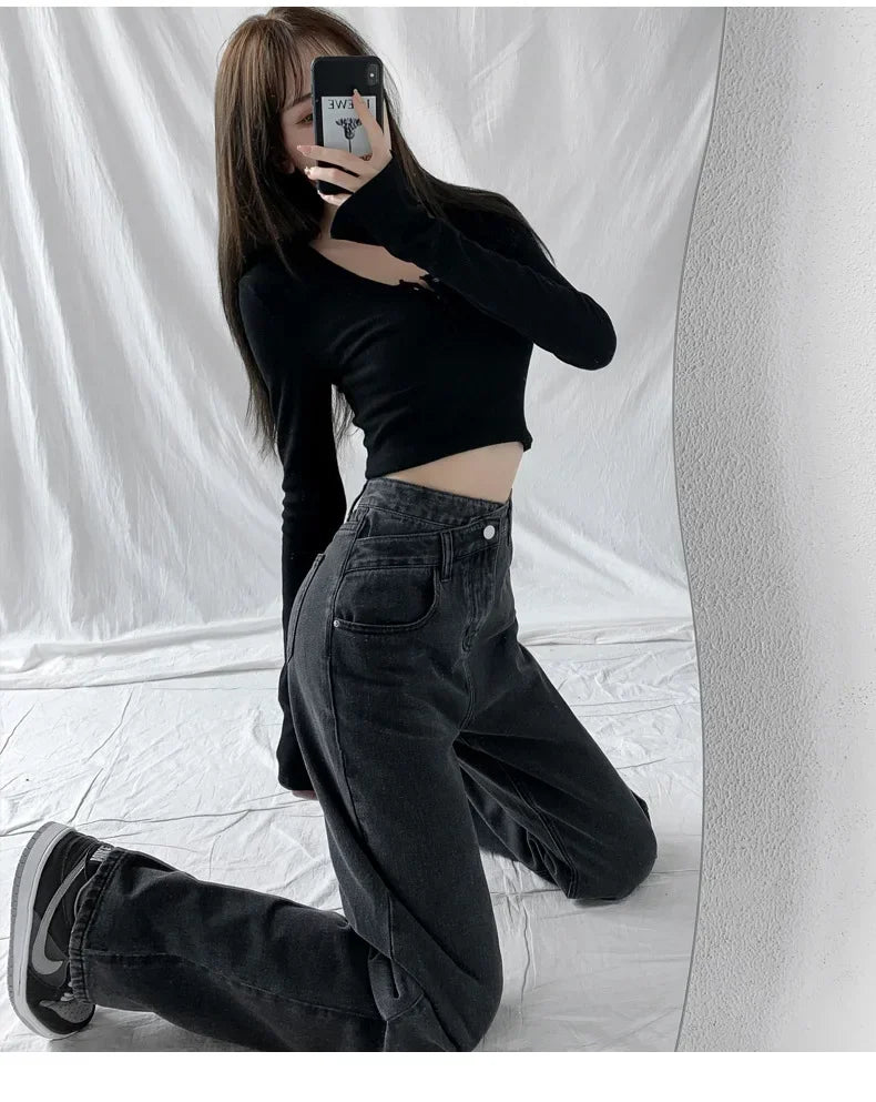 Wide Leg Pants Women Vintage Jeans High Waist Loose Fit Basics Full Length Pockets Button 2025 Casual Denims Straight Trousers Aviola