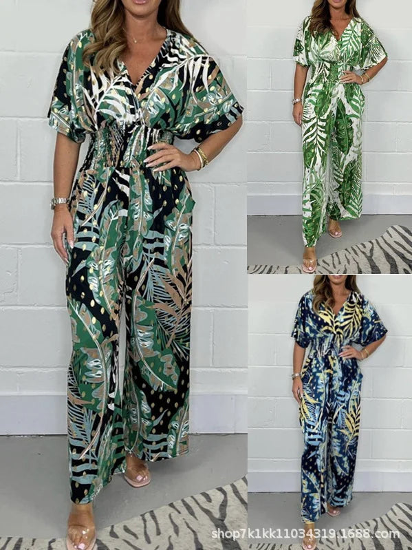 Rompers Women V Neck Jumpsuits Ankle Length Wide Leg Pants Print Pullover One Piece Y2k Streetwear Loose Casual Pockets Aviola