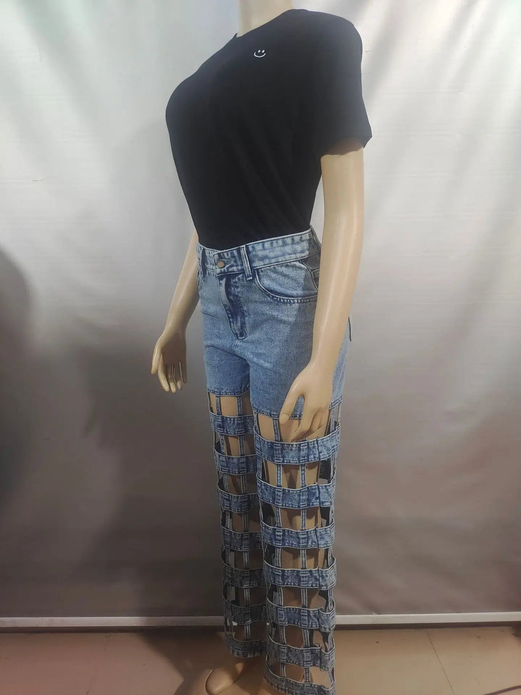 Denim Pant Women Jeans Long Pants Hollow Out High Waist Straight Mom Trousers Y2k Streetwear Elegant Splice Hole Casual Work Aviola