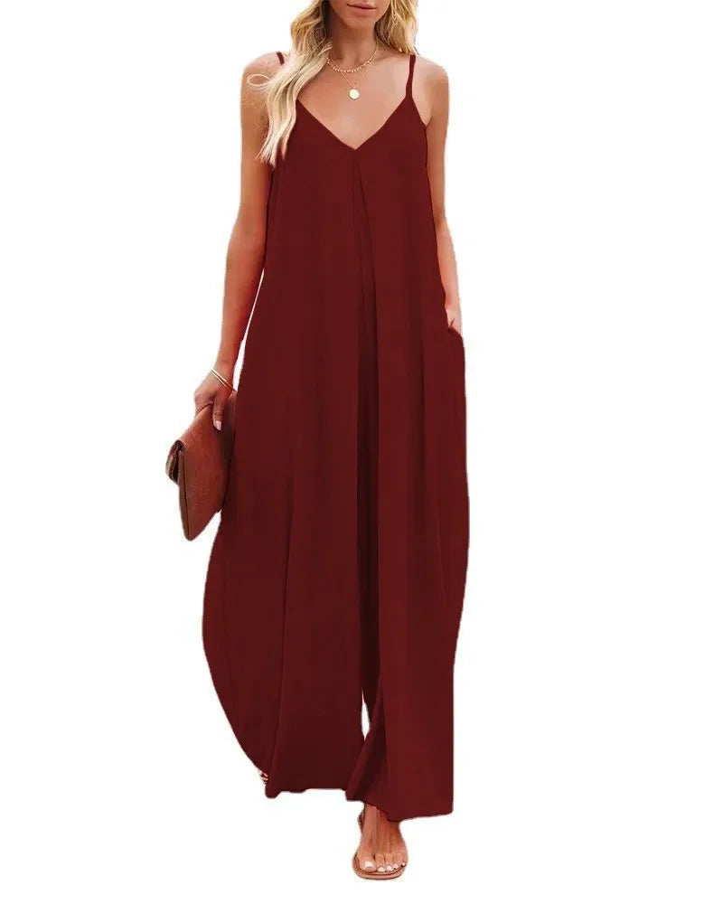Women Jumpsuits V Neck One Piece Ankle Length Wide Leg Pants Rompers Backless Overalls Solid Pockets Loose Casual Mid Waist Aviola