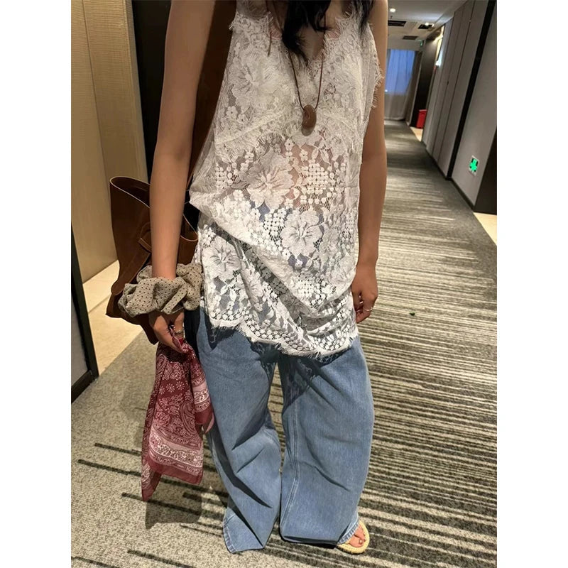 MEXZT Lace Sheer White Tank Top Women Y2K Sexy V Neck Black Camis Fashion Gyaru Streetwear Korean Hollow Out Design Casual Tees Aviola