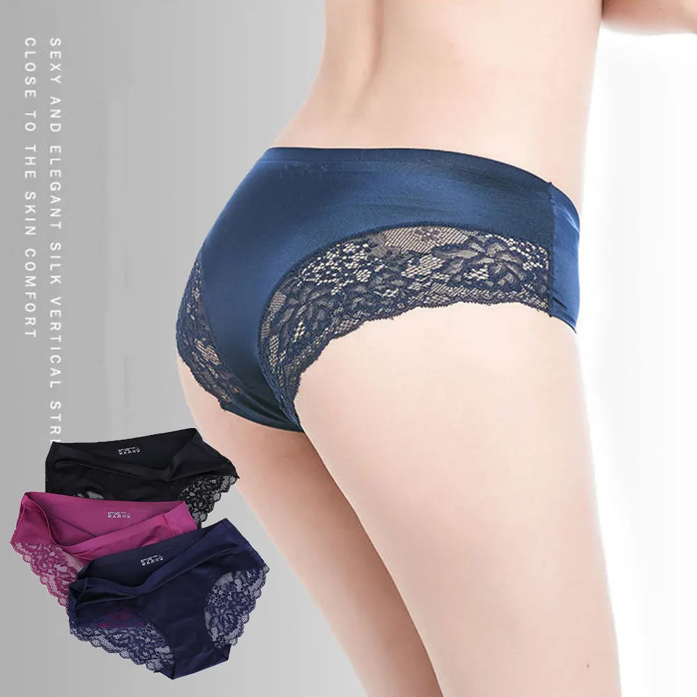 3pcs/Set Women Ice Silk Briefs Sexy Lace Panties Mid-low Waist Female Breathable Underwear M-XXL Aviola