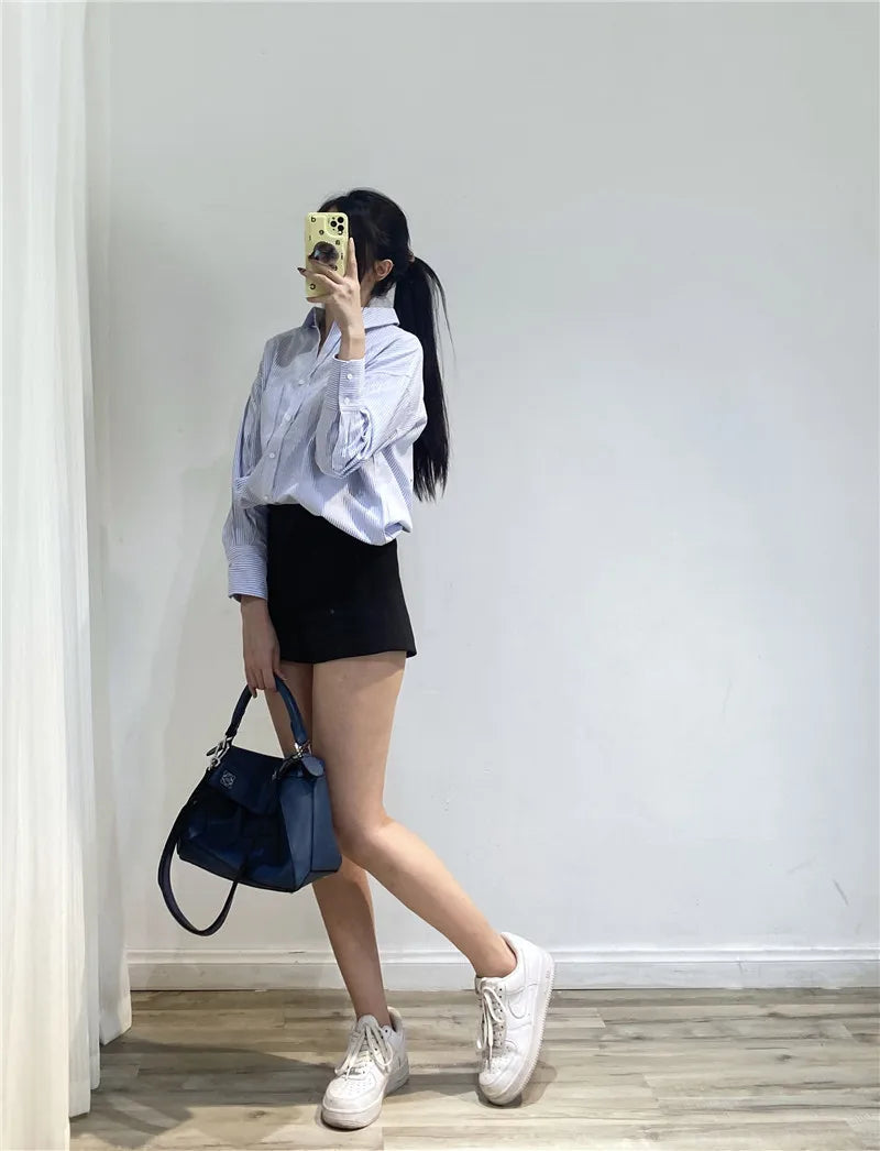 RARF Women Autumn Single Breasted Blouses Vintage Lapel Collar Long Sleeve Office Lady Female Shirt Chic Pocket Top Blusas Aviola