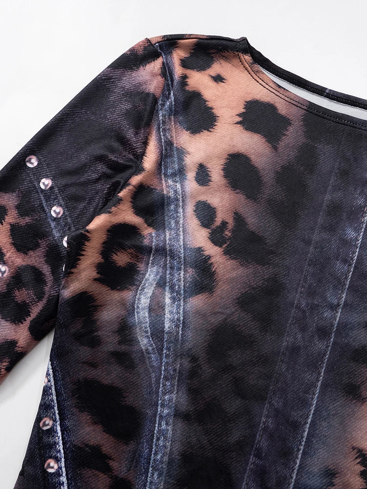 Nibber Leopard Print Women Dress Rivet Frenulum Gradient Long Sleeves Skinny Midnight American Retro Rock Style Mini Bodycon Aviola