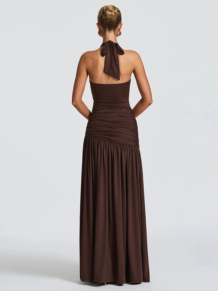 Nibber Halter Maxi Dress Women Bandage Backless High-Side Splits Low-Neck Sleeveless Metal Trim Folds Fit Temperament Vestidos Aviola