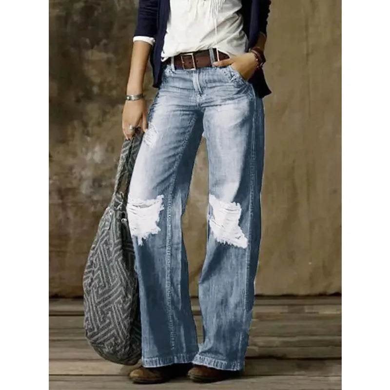 Women Jeans Wide Leg Pants Ankle Length Washing Denim Distressed Pockets High Waist Casual Loose Solid Spliced Summer 2024 Aviola