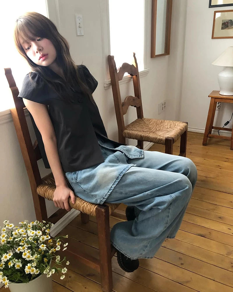 MEXZT Vintage Black Shirts Women Japanese Harajuku White Cropped Puff Short Sleeve Blouses Summer Korean Casual Design Tops New Aviola