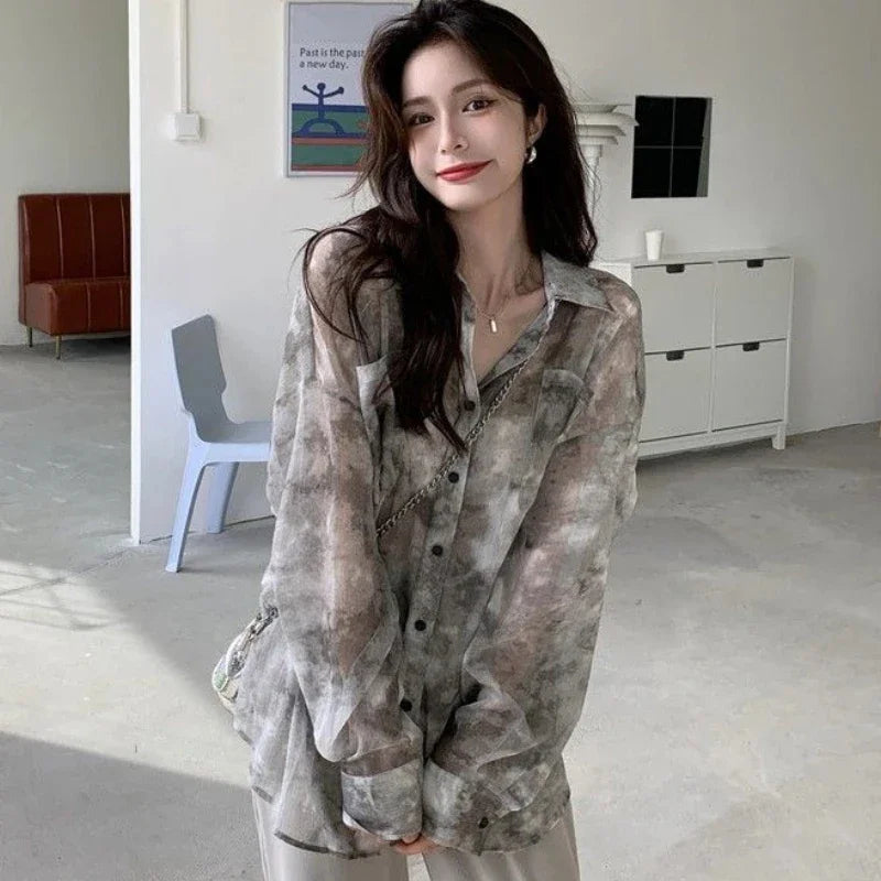 MEXZT Streetwear Tie Dye Shirts Women Harajuku Oversized Sun Proof Blouses Korean Vacation Beach Long Sleeve Sunscreen Tops New Aviola
