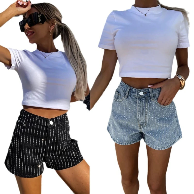 Shorts Denim Pant Women Jeans Short Pants Hot Drilling High Waist Straight Trousers Y2k Streetwear Elegant Mom Jeans Summer 2025 Aviola