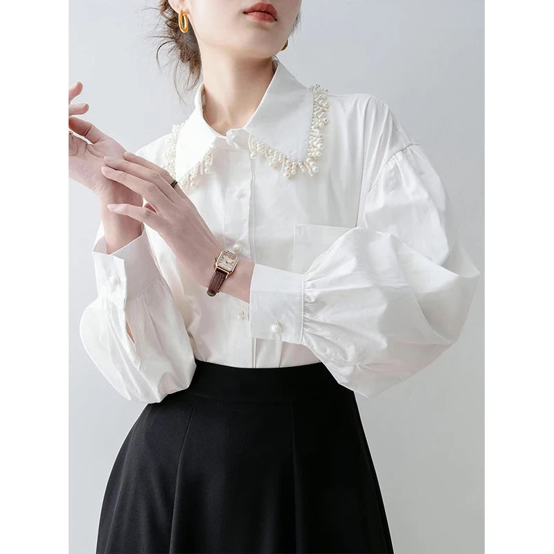 MEXZT Elegant White Shirts Women Fashion Beading Patchwork Blouses Office Ladies Korean Long Sleeve Pocket Design Casual Tops Aviola