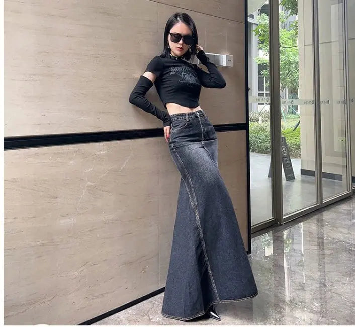 Maxi Skirt Women Casual Mermaid Streatwear High Waist Zipper Denim Skirts Y2k Streetwear Loose Long Mom Jeans Ankle Lenth Summer Aviola