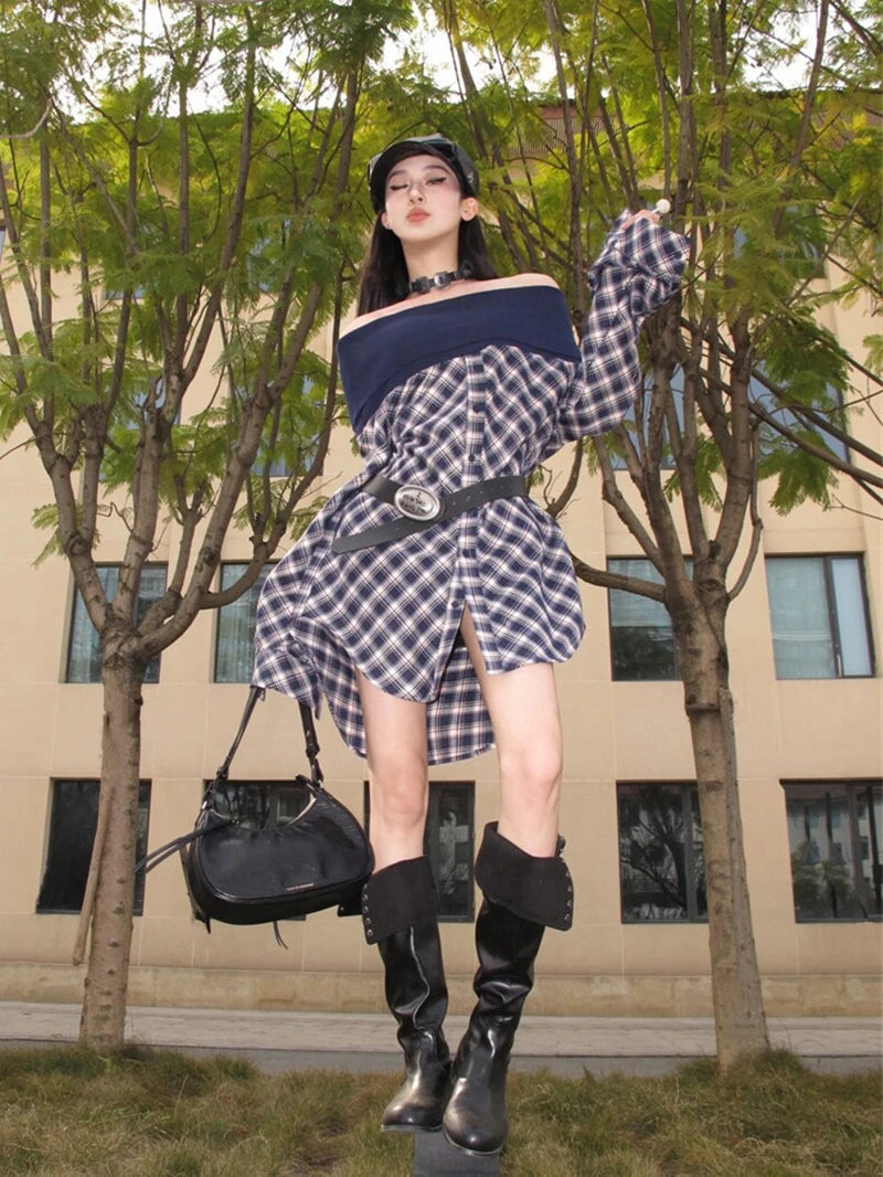 MEXZT Vintage Plaid Shirts Women Y2K Harajuku Sexy Slash Neck Patchwork Blouses Gyaru Korean Long Sleeve Casual Design Tops New Aviola