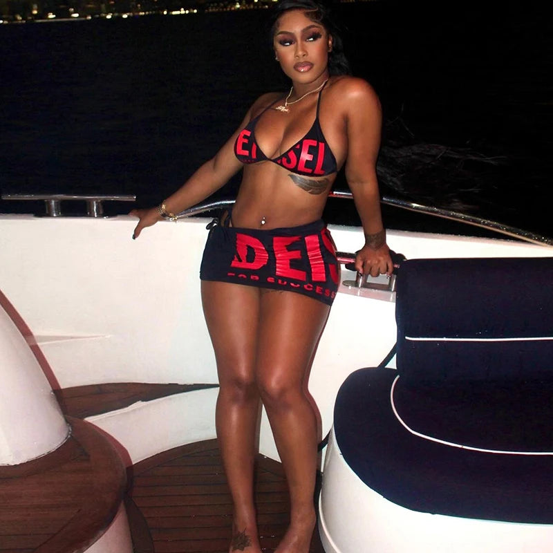 Nibber Letter Print Woman 3 Piece Set Bandage Bra+Mini Bottoms+Mini Skirt Beach Party Fashion Sexy Style Hottie Matching Suit Aviola
