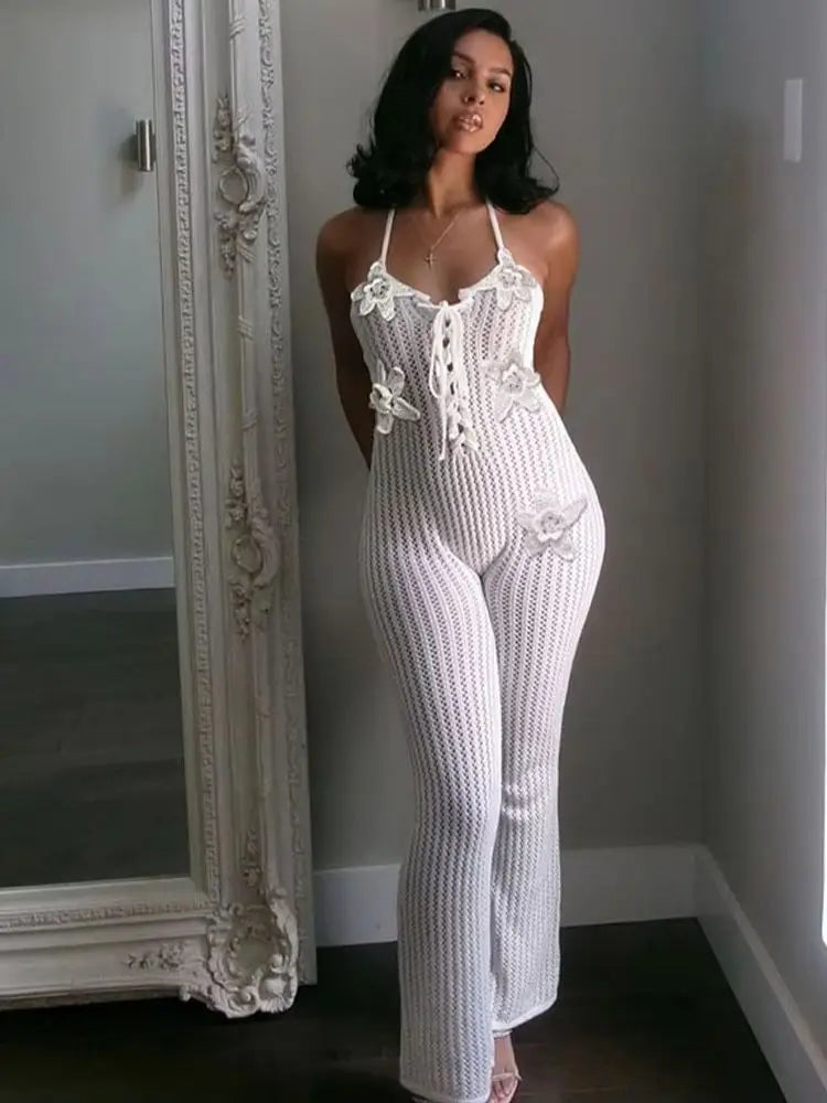 Nibber Knitted Lace-Up Jumpsuit Women Backless Halter Flower Applique Sleeveless 2025 Summer Vacation Trend Classic Overalls Aviola