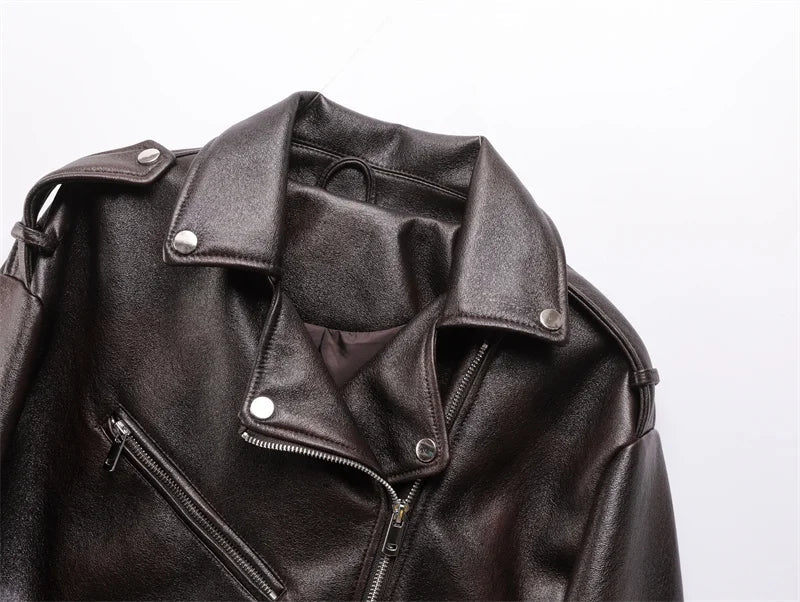 Dark brown Coal graysty le Women's washed leather jacket with belt, short coat with downgraded zipper and vintage lapel jacket Aviola