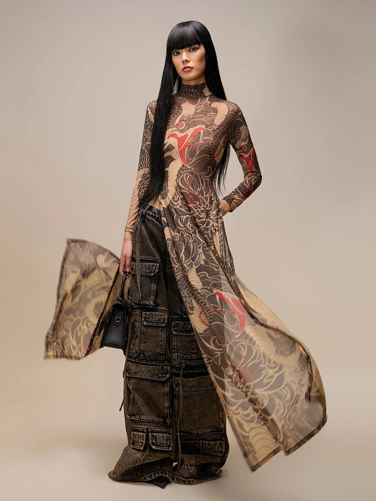 Nibber See Through Blouse Women Snake Print Half-High Neck Long Sleeves High Slits High Elasticity Street Skinny Trend Long Tops Aviola