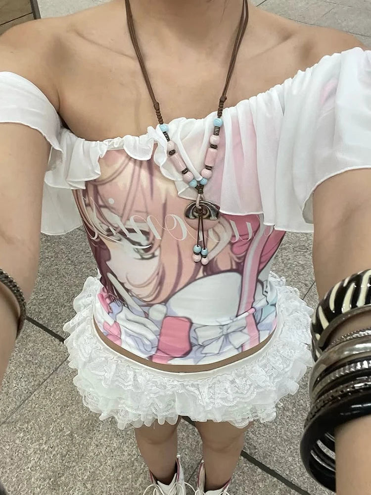 Nibber Backless Cartoon Print T-Shirts Women Ruched Skew Collar Off Shoulder Y2K Sweet Style Street Fashion Elegant Thin Outfits Aviola
