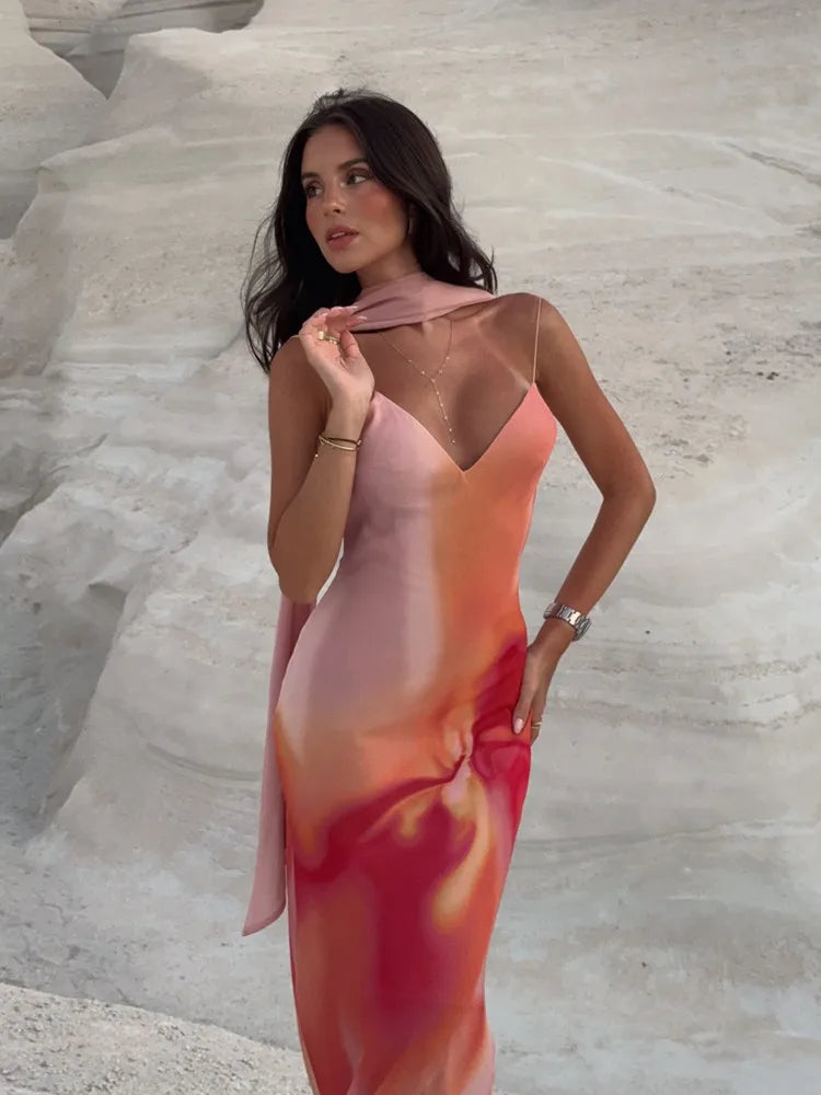 UNIZERA Scarf Printed Backless Long Dress 2025 Summer New Arrivals Women's Wear Elegant Satin Textured Dress Aviola