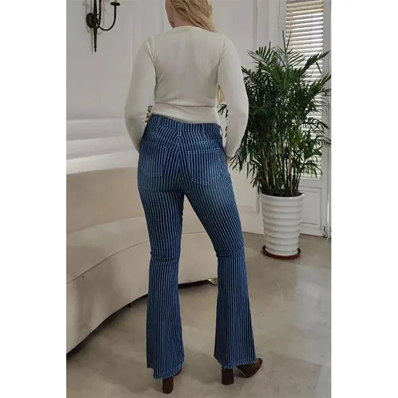 Stripe Jeans Women Mid Waist Flare Pants Ladies Trousers Female Casual Slim 2025 Summer Button High Strecth Elegant Office Lady Aviola