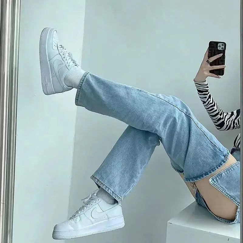 Denim Pant Women Jeans Wide Leg Long Pants Hole Two Fakes High Waist Straight Trousers Y2k Streetwear Elegant Work Summer Aviola