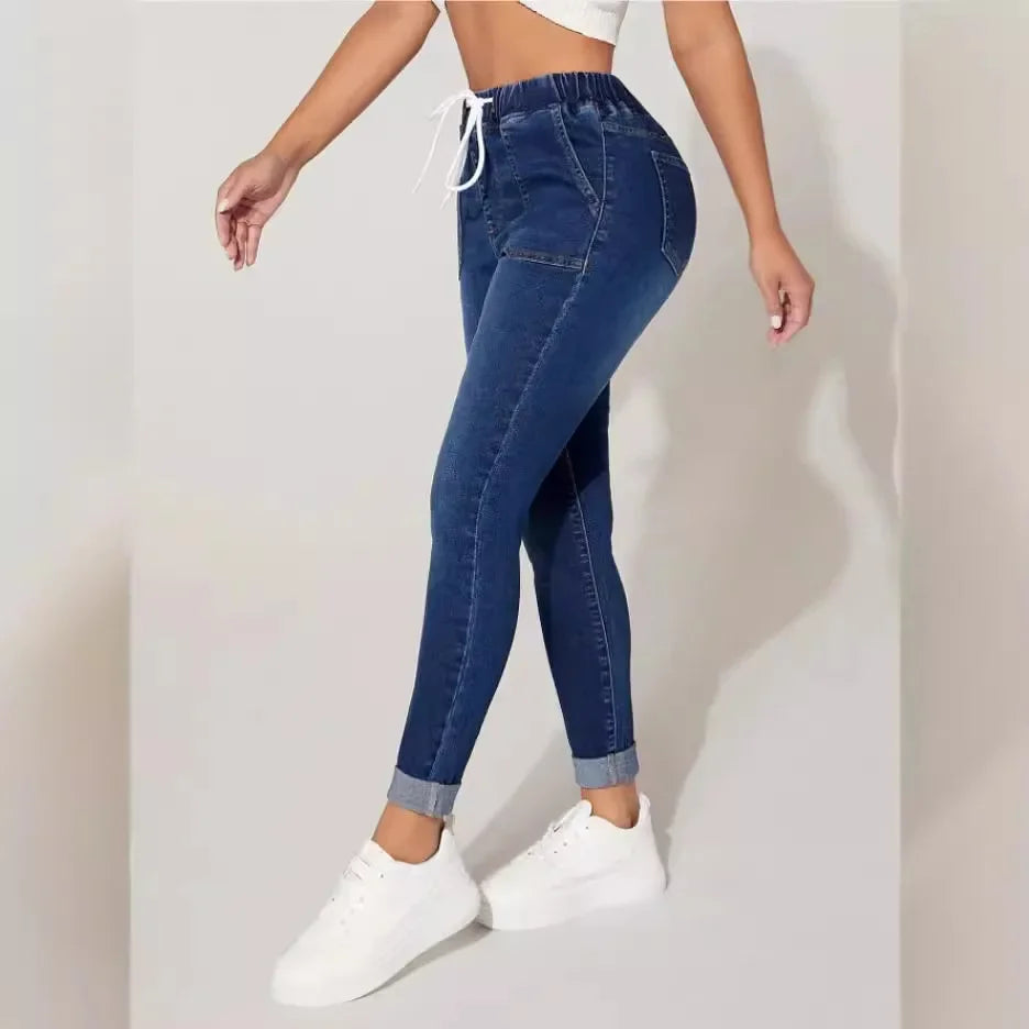 Stretch Pencil Pants Women High Waist Lace Up Distressed Denim Ankle Length Trousers Slim Denims 2025 Streetwear Vintage Jeans Aviola