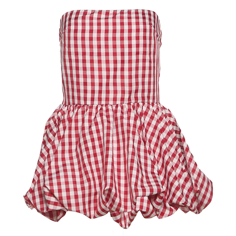 Nibber Red And White Checkered Print Chest Wrap Pleated Fluffy Hem Sleeveless Backless Vacation Versatile Beach Party Trend Tops Aviola