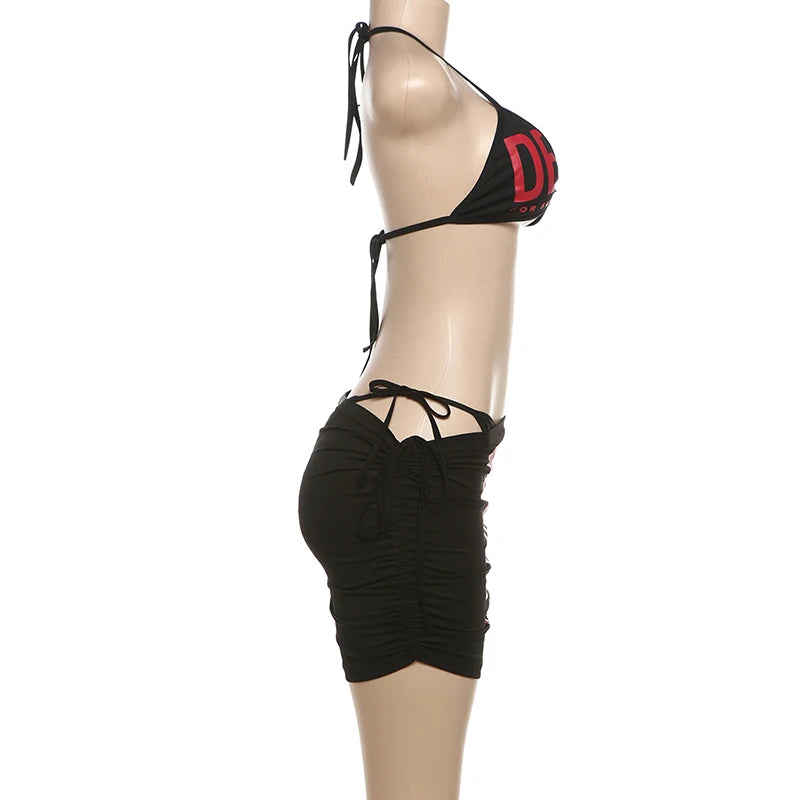 Nibber Letter Print Woman 3 Piece Set Bandage Bra+Mini Bottoms+Mini Skirt Beach Party Fashion Sexy Style Hottie Matching Suit Aviola