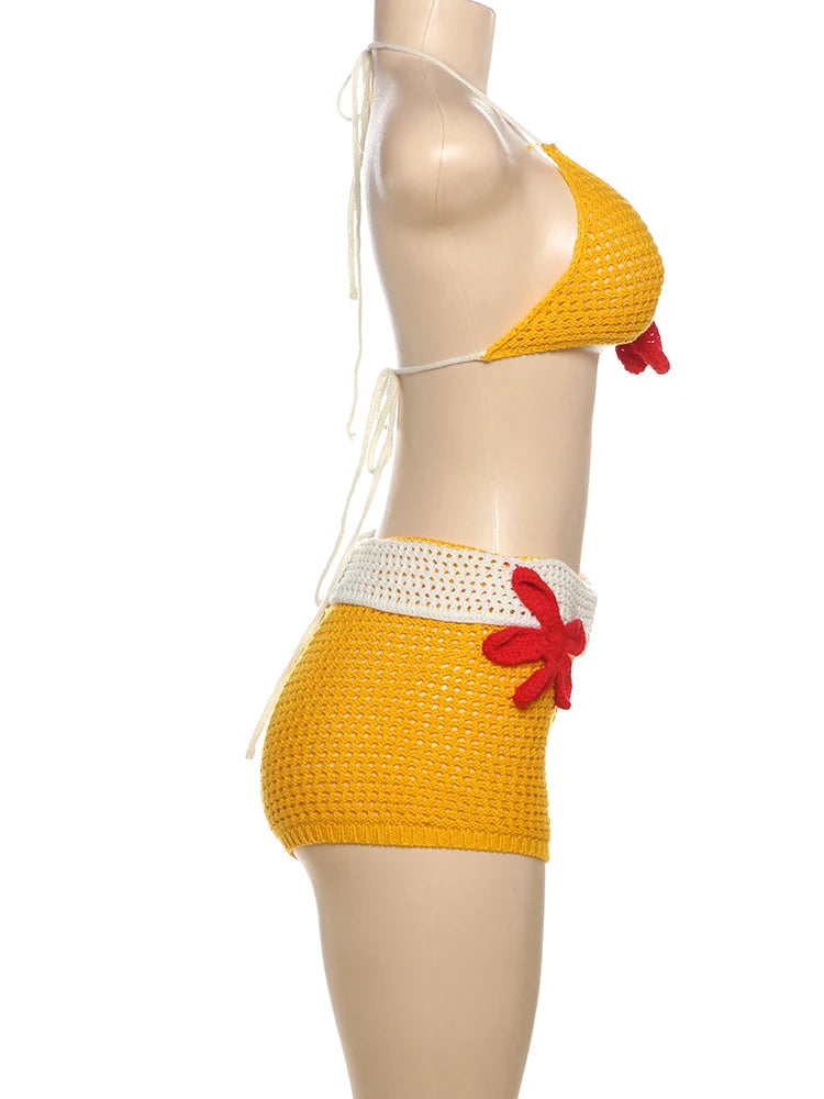Nibber Party 2 Piece Set Women Swimsuit Applique Y2K Chic Bra Tops+Lapel Shorts Vacation Midnight Club Crochet Beach Outfits Aviola