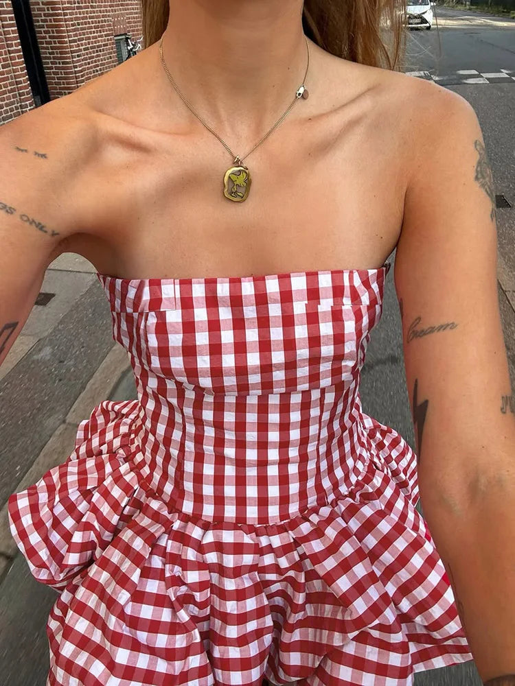 Nibber Red And White Checkered Print Chest Wrap Pleated Fluffy Hem Sleeveless Backless Vacation Versatile Beach Party Trend Tops Aviola