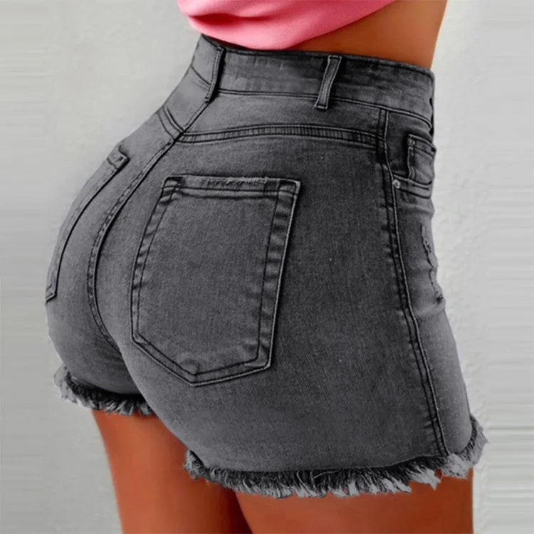 Shorts Denim Women Holes Jeans Mom Skinny High Waist Pockets Zipper Fly Blue Tassel Slight Strech Streetwear 2025 Sexy Bodycon Aviola