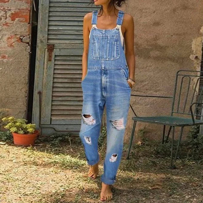 Women Jeans Overalls Holes Washing Denim Mid Waist Ankle Length Straight Pants One Piece Pockets High Street Casual Sports Aviola