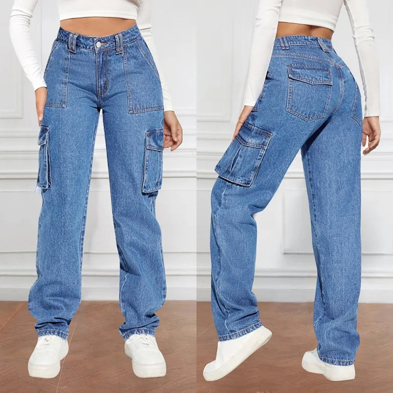 Denim Pant Women Mom Jeans Long Pants Mid Waist Straight Trousers Y2k Streetwear Elegant Splice Slim Fit Work Pocket Casual Aviola
