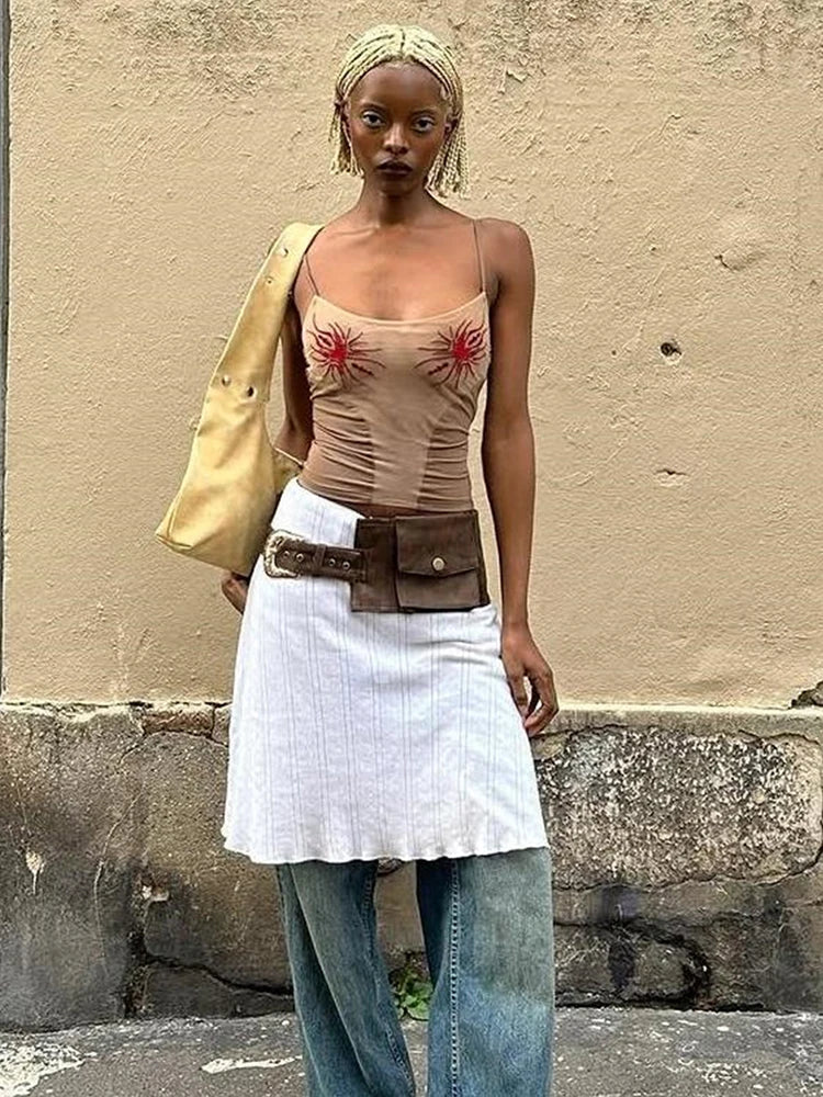 Nibber See through Women Camisole Sun Print Y2K Summer Fashion Low-Neck Coquette Midnight Party Club Wild Basic Street Slim Tees Aviola